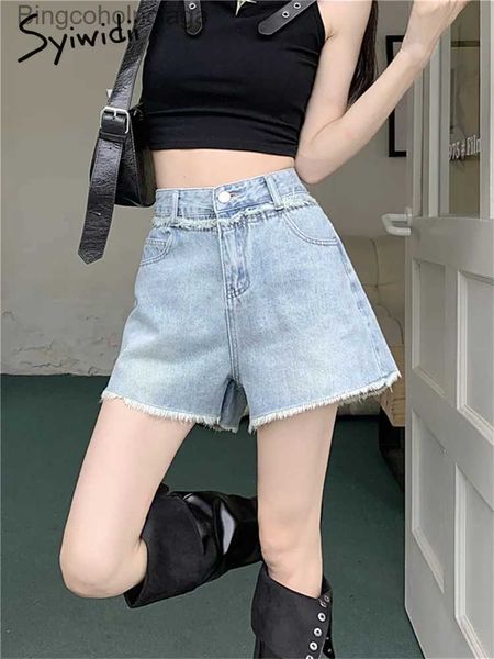 Shorts femminile Syiwidii ​​Blue Shorts for Women 2024 New Fashion Casual Shorts High Wels Burr Vintage Burr A Line Gamba larga shortsl231222