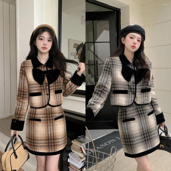 Vestido de duas peças estilo japonês estilo xadrez curto casaco de lã feminina algodão de algodão retro