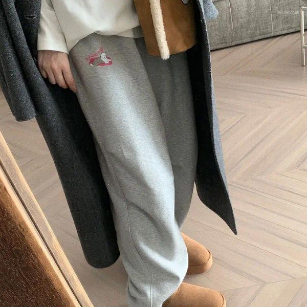 Calça feminina qweek kawaii lã Sweatpante Mulheres y2k Moda coreana folgada escovou cinza japonês japonês de tamanho esportivo inverno
