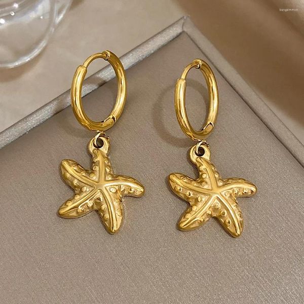 Brincos de argolas estrela elegante encantador de aço inoxidável para mulheres chiques chiques marinhos de mar de ouro