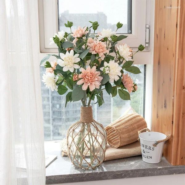 Dekorative Blumen Simulation Blumenarrangement Japanische Stil Seidenblume künstliche Dahlia Branch Hochzeit Dekor falsche Pflanze