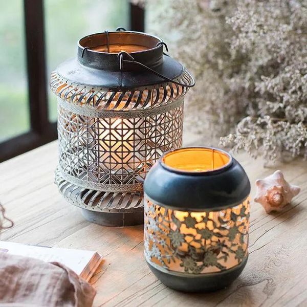 Suporte de velas marroquinas para decoração de casa, peças centrais, suporte de luz, lanterna, decoração rústica para casa, lanterna de metal