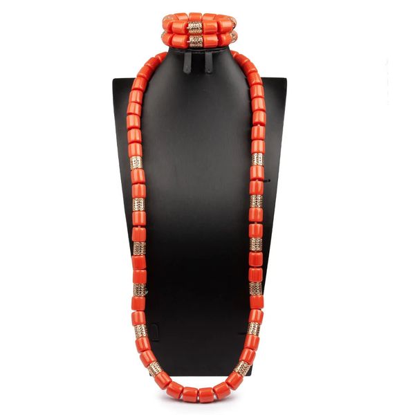 40 Zoll afrikanische Hochzeit Langer Halsketten Mann Schmuck Set künstlicher Korallenplastik Perlenanzug Nigeria Bräutigam Ft698 231221