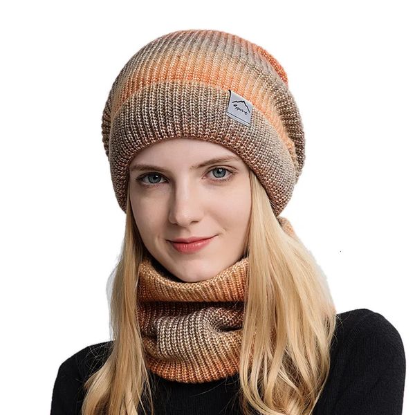Kış Kadın Beanies Snood Setleri Gradyan Renk Örgü Şapka Daha Sıcak Moda Açık Mekan Dış Mekan Rüzgar Geçirmez Kırpma Boya Eşarp Şapkası Kadınlar İçin 231221