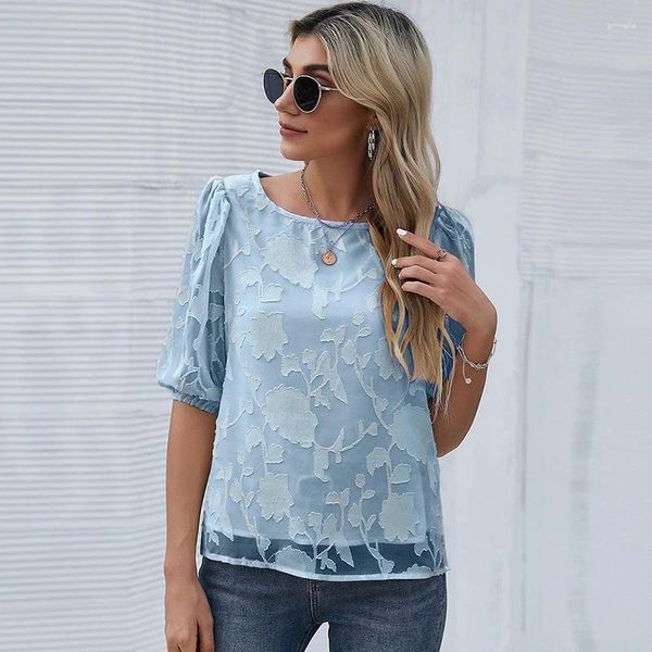 Frauenblusen Blau Blumendruck Chiffon Hemd Frühling Sommer Modebluse 2023 Kurzarm runden Hals Eleganter koreanischer Stil Solid