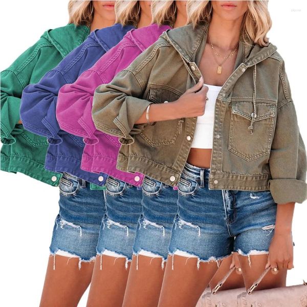 Damenjacken mit Kapuze -Denimjacke Frauen Vintage Jean Casual Long Sleeve Top Clothes Female Streetwear Mody Solid Color