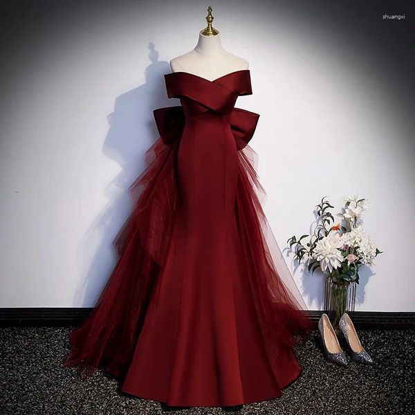 Вечеринка платья 18205#Элегантное рождественское красное атласное вечернее платье с луком длиннолетой