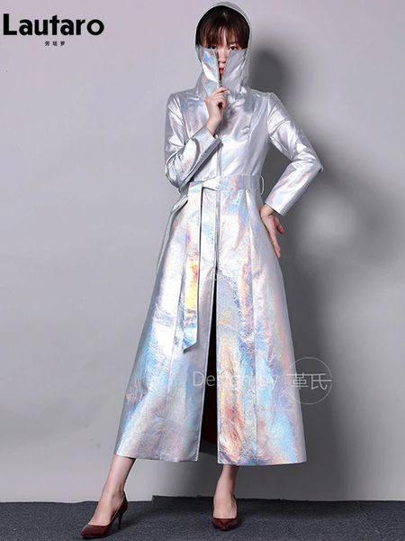 Lautaro Spring Aduld Long Luxury Shiny Officective Holographic Patat Leather Trench Poat для женщин Европейская мода 231221