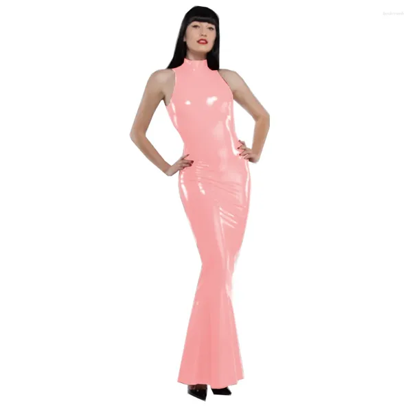 Vestidos casuais sexy s-7xl Faux Leather Pvc Latex Half High Neck Discifra