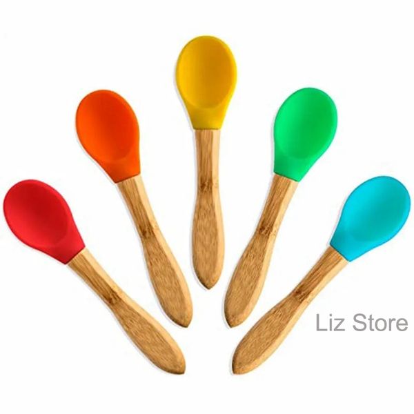 Baby Spoon Silicon Besteck Infant Auxiliary Baldlery Jungen Holzgriff Kinder Training Spoons Home Dinnerwaren Küchdrützungsbehörden Accessoriesth1251