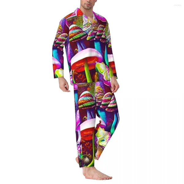 Herren Nachtwäsche Pyjama Herren Magic Pilznacht Nacht süßer Pilz 2 Stück Retro Pyjama Sets Langarm romantischer übergroßer Hausanzug