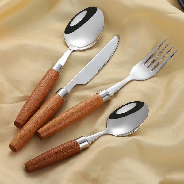 Conjuntos de utensílios de jantar 16pcs aço inoxidável maçaneta de madeira conjunto de talheres de mesa de mesa ocidental