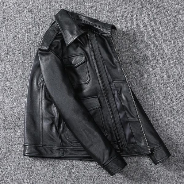 JACETAS MENINAS JAPETO DE Safari Guy Real Cowehide Leather Motorcycle Lappels curtas Casaco de vários bolsos de alta qualidade