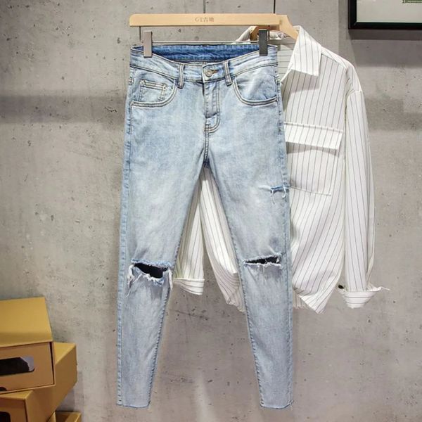 Nuovo 2023 Summer Fashion Light Color Elasure Elasure Luxury Designer Luxury Boyfriend 90s Hip Hop Blue Hole's Street Jeans da uomo 231222