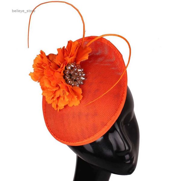 Largo Brim Chapéus Bucket Chapéus Mulheres Vestido Formal Laranja Derby Fascinator Chapéus com Beleza Flor Millinery Cap Cabelo Clipes Fantasia Senhoras Casamento Pary HeadwearL231221