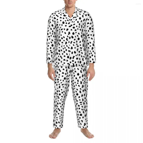 Erkekler Dalmaçya Köpek Baskı Sonbahar Siyah ve Beyaz Gevşek Büyük Boy Pijama Setleri Erkek Uzun Kollu Sıcak Gece Özel Nightwear
