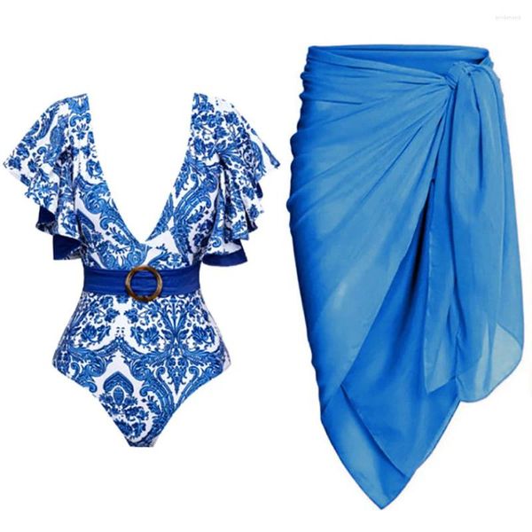 Swimwear's Swimwear Stampa blu Deep V Ruffle Swuffuit Body High Body Skinny Bikini Set di bikini e gonne da spiaggia Fashi