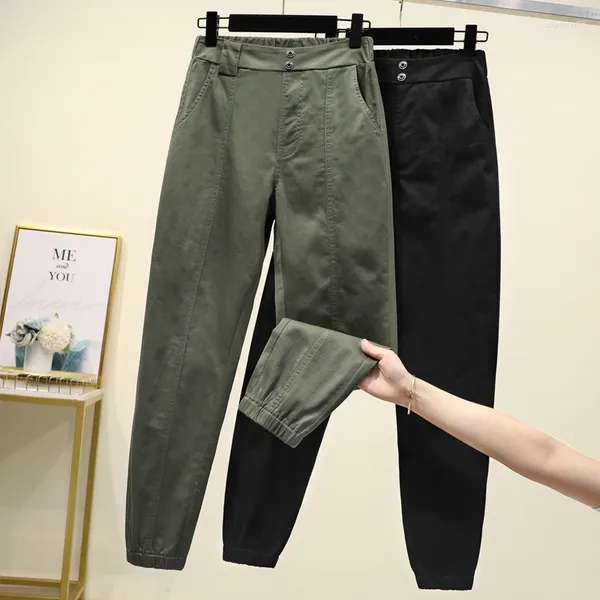 Calça feminina cargo mulheres cintura alta plus size casual solto pano largo e elástico no tornozelo de calças pretas verdes do exército