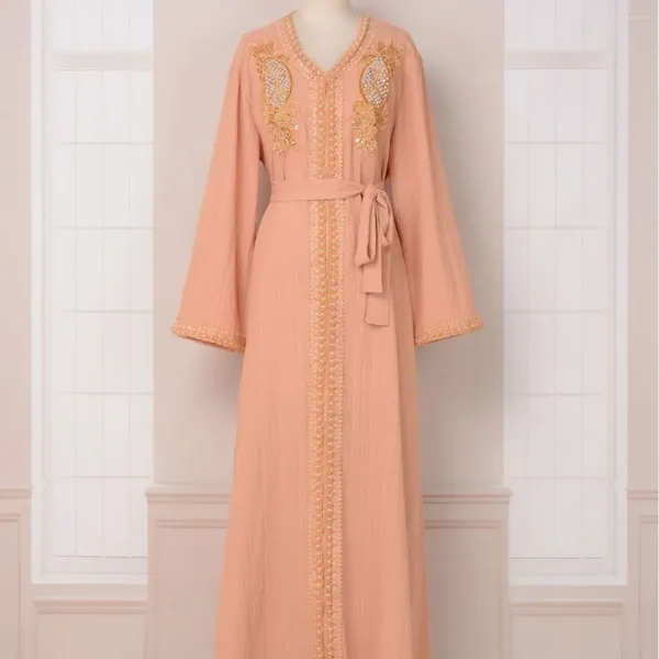 Ethnische Kleidung Muslim Dress Festival Abaya Robe V-Neck Perlen im Nahen Osten Womenswear Kaftan Modest Vistidos Musulmana