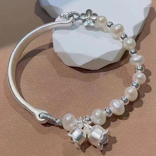 Bracelets de link 999 Prata esterlina Meia pulseira Pearl Bell Orchid