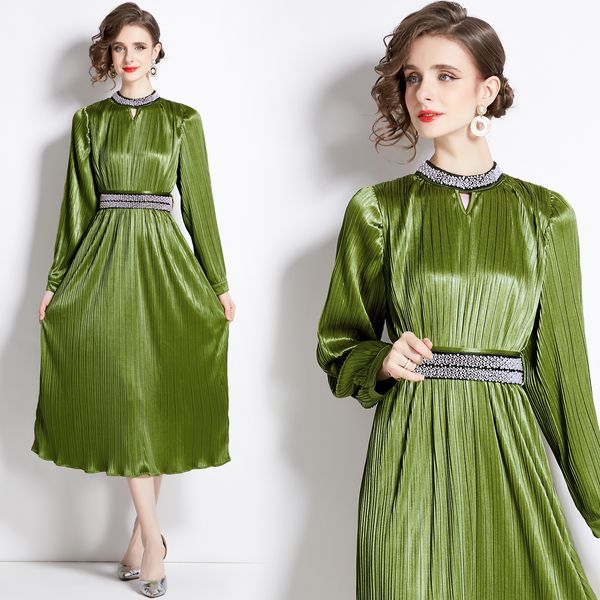 Lanterna de manga de lanterna Vestido plissado de férias vintage designer vintage O-pescoço de férias de férias de miçangas boho maxi 2024 Spring outot Runway