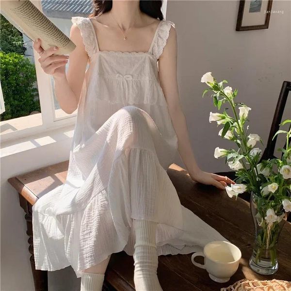 Linha de algodão coreana de roupas de sono feminina Princesa Sleepdress Women Women Desi -mordão de verão Strap Strap Sexy Midi Nightdress Roupas de casa