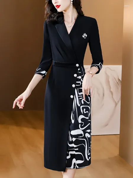 Lässige Kleider Black Patchowrk Print Chic Formal Kleid für Damen Herbst Winter Winter Langarm Bodycon Prom 2023 Korean Vintage Hepburn Robe