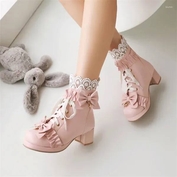 Stivali 2023 Ship gratuita Autunno Lolita in stile Bows Ruffles Lace Short Princess Cross Leated Scarpe per ragazze 7 8 9 9 10 12 14 16 18