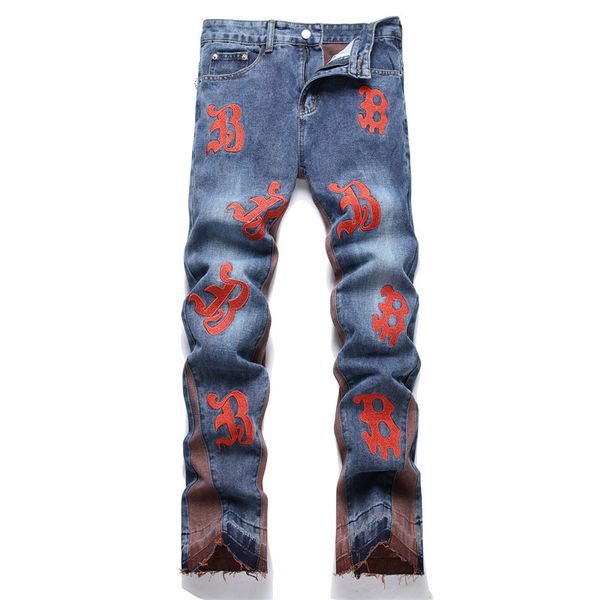 Pantaloni da uomo cucitura blu lettere sciolte dritte jeans primaverile