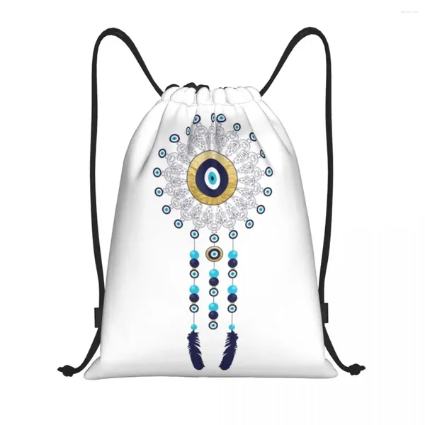 Einkaufstaschen Boho Chic Evil Eye Mandala Dream Catcher Draw String Rucksack Fitnessstudio Sport Sackpack falten Hamsa Nazar Bohemian Trainingstasche