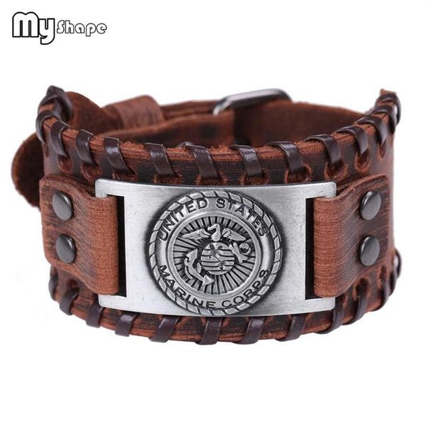 Meine Form handgefertigte Gewebe US -Marine Corps Armband Echtes Leder schwarz brauner Armreifen Kupfer Bronze Silber Männer Schmuck B277H