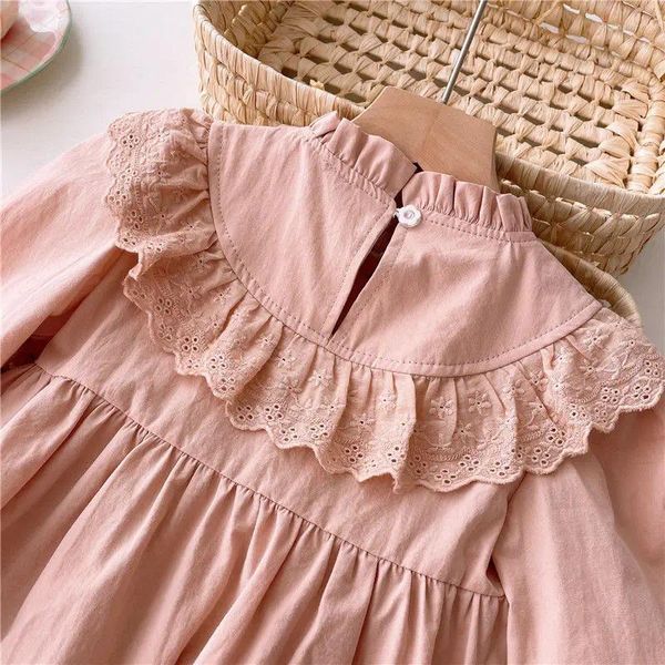 Kız Elbiseler Çocuk Giyim Bebek Elbise Tatlı 2023 Sonbahar Kore Retro Stil Uzun Kollu Sıkışlı Selvedge Ayakta Yaka Pembe Düz Renk