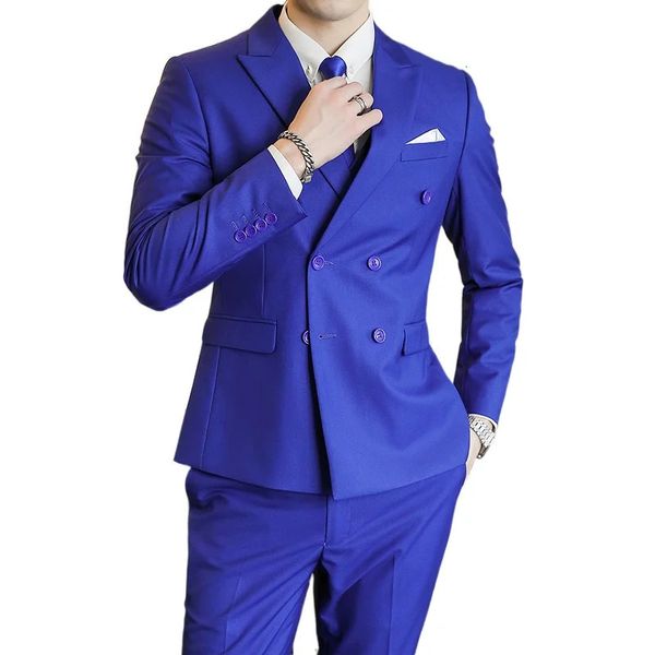 Fashion Mens Casual Business a doppio petto da 2 pezzi set maschio Slim Color Blazer Wedding Blazer Pants Coat 231221