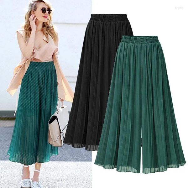 Calça feminina plissada chiffon alta cintura larga perna larga vintage capris long praia trabalho de férias no verão jeans de jeans