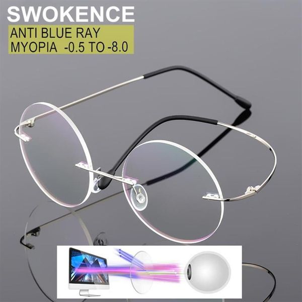 Солнцезащитные очки Swokence против Blue Ray Rimless Recrceing Myopia Glasses -0 5 до -8 0 Мужчины Женщины Круглый Кадр.