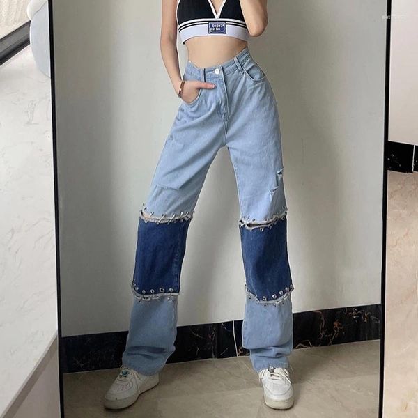 Calça feminina de retalhos soltos pinos rasgados colorido cortina jeans reta y2k cintura alta perna larga 2023 streetwear