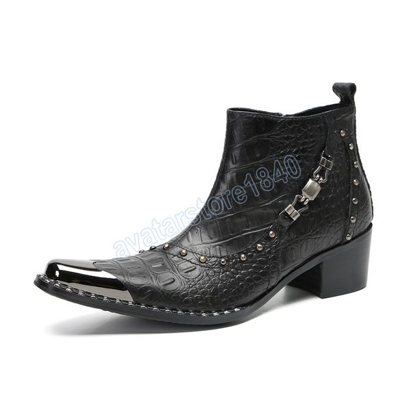 Black Rivet Metal Buckle Boots Sapatos de couro de couro de metal de metal Sapatos de segurança Man para o trabalho Lado do zíper de negócios Sapato de negócios