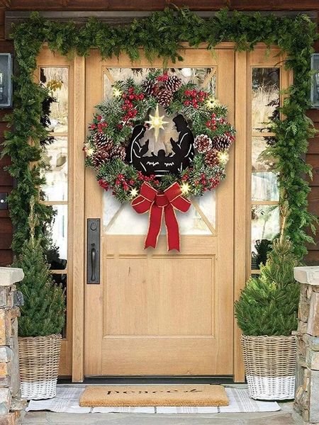 Grinaldas de flores decorativas grinaldas estrela iluminada artificial grinalda de natal reunido com natividade jesus cena guirlanda porta da frente pendurado