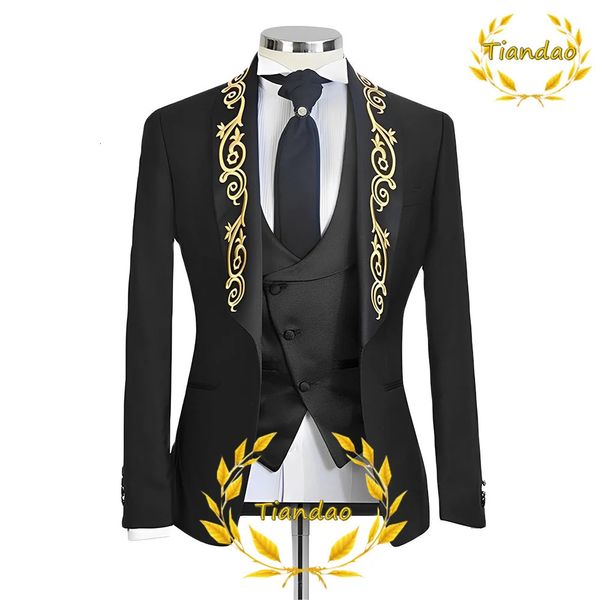 Masculino bordado de 3 peças noivo de casamento smoking smoking formal moda blazer calça colete de coletes jaqueta de jantar de jantar 231221