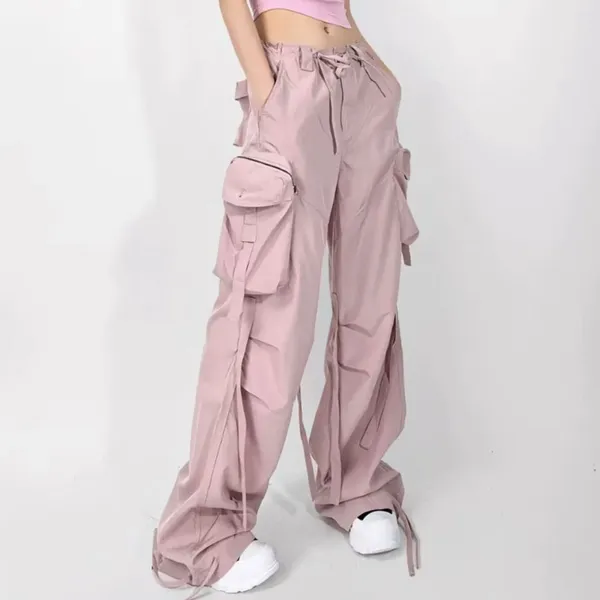Kadın Pantolon Puloru Kadınlar Düşük Bel Kargo Kırış Bol fermuar Düğmesi Kapatma Cepler ile Gevşek Pantolon Sokak Giyim Düz Renk Dipleri