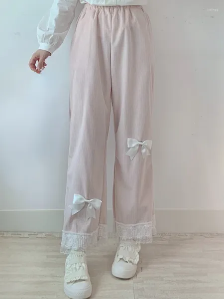 Calça feminina doce lolita veludo veludo japonês kawaii renda arco renda larga perna de rua vintage girl mole girl fofo calça calçada