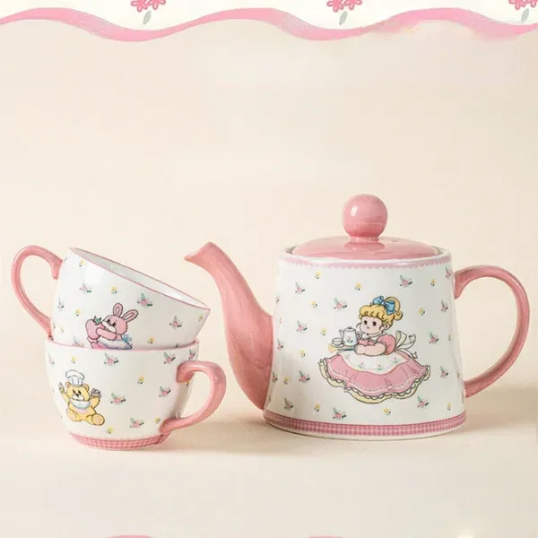 Tee -Sets Cartoon Girl Teapot Kaffeetasse Set rosa Keramik 2 und Topf für Freunden Geburtstag Geschenk Premium Malerei handwerk Tee