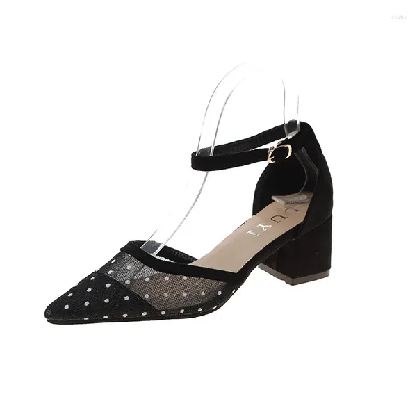 Kleiderschuhe Frauen Frühlingspumpen lässiges weibliches Mesh spitzer Zehenpolka Punkt Knöchelschnalle -Schnalle -Gurt atmungsaktives High Heel Ladies Schuhe Schuhe