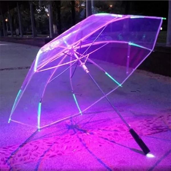 Ausrüstung 7 Farben wechseln LED LEGLICHT TRANSPARENT DERbrella Luminous blinkend regendes Regenschirm Party Requisiten Geschenk langes Griff verdicken Zz