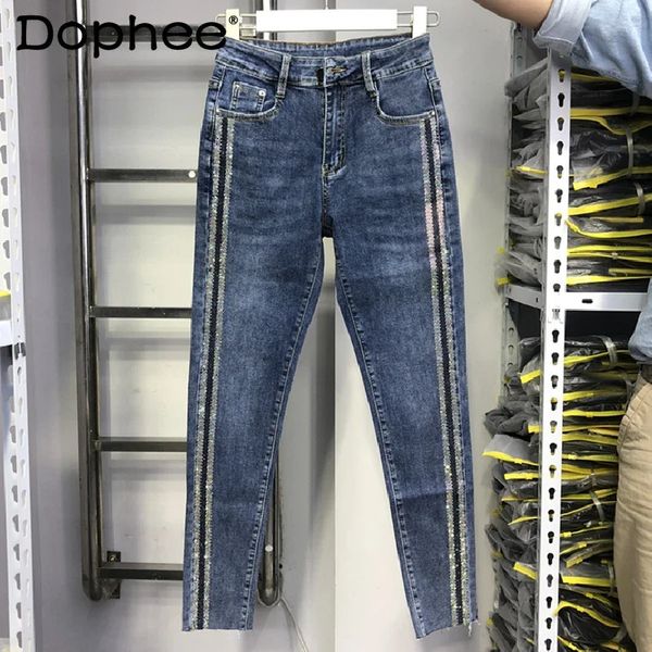Jeans blu corti da donna primaverile elasticosa elastica in vita alta snochingh rinestone maglia magro pantaloni di jeans pantaloni femminili 231221