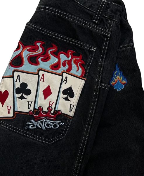 Jnco Jeans Y2K Erkekler Harajuku Hip Hop Poker Desen Bol kot pantolonlar Siyah Pantolon Gotik Belli Geniş Bacak Pantolon Street Giyim 231221