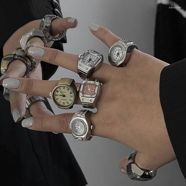 Кластерные кольца винтажные панк -эластичные эластичные кварцевые часы для женщин мужчина хип -хоп крутой пары пальцев модные украшения