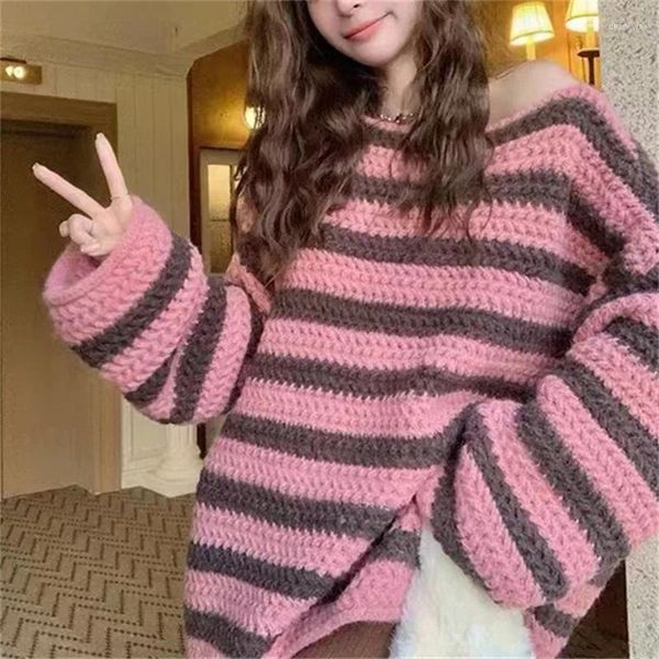 Kadın Sweaters Vintage Çizgili Omuz Kazak Kahverengi Jumper Kore Moda Pembe Örgü Kızlar için Büyük Boy Sonbahar