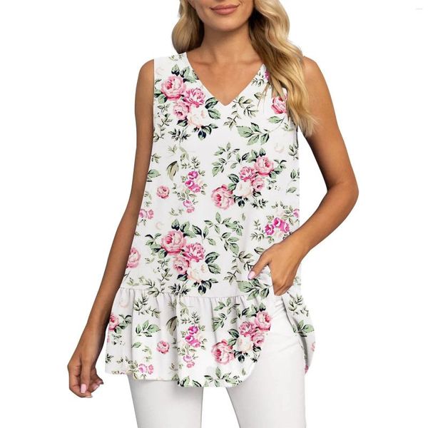 Blusas femininas camisas elegantes sem mangas de verão V Tanque de chiffon de pescoço dupla bainha de bainha túnica Camisas Blusas