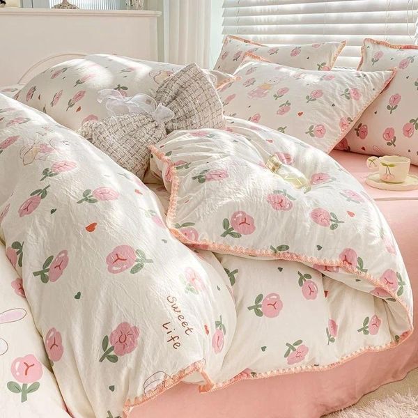 Yatak takımları pastoral karikatür sevimli ins çiçek yorgan yatak tabakası kız için yumuşak yıkanmış pamuklu tek boy yatak örtüsü